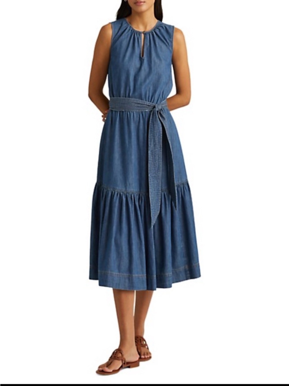 Lauren Ralph Lauren Denim-Blue Sleeveless Midi Dress with Tie Waist